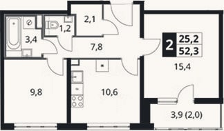 Планировка: 2-к, 50,3 м²