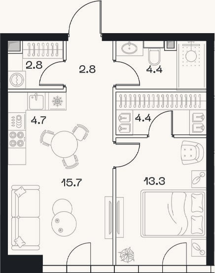 Планировка: 2-к, 48,1 м²