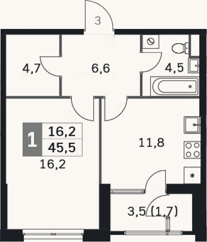 Планировка: 1-к, 41,7 м²