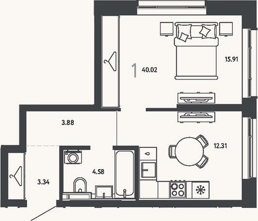 Планировка: 1-к, 40 м²