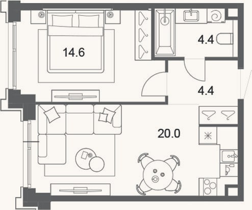 Планировка: 2-к, 43,4 м²
