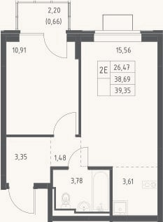 Планировка: 2-к, 38,7 м²