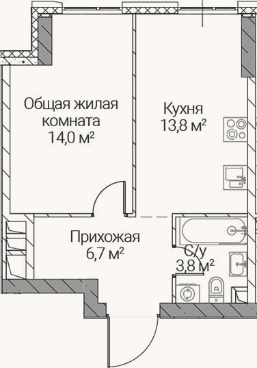 Планировка: 1-к, 38,3 м²