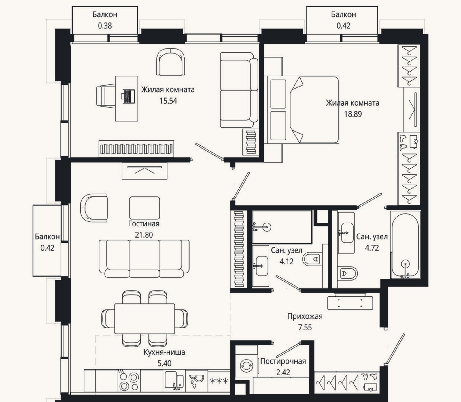 Планировка: 3-к, 79,1 м²
