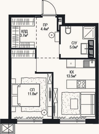 Планировка: 2-к, 38,6 м²