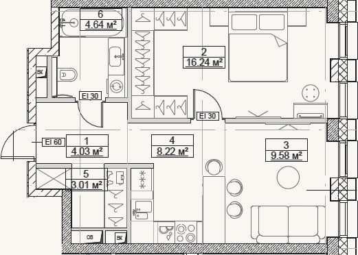 Планировка: 2-к, 45,7 м²