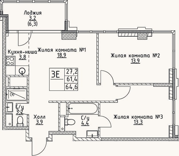 Планировка: 3-к, 61,4 м²