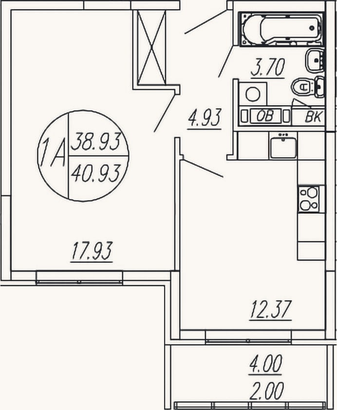 Планировка: 1-к, 38,9 м²