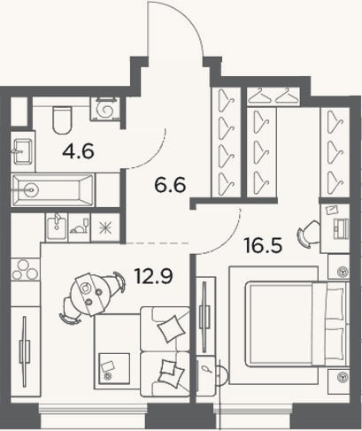 Планировка: 1-к, 40,6 м²