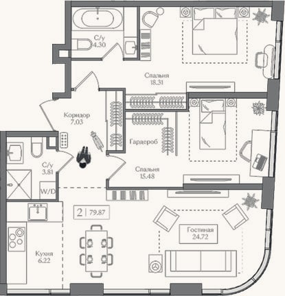 Планировка: 3-к, 79,9 м²