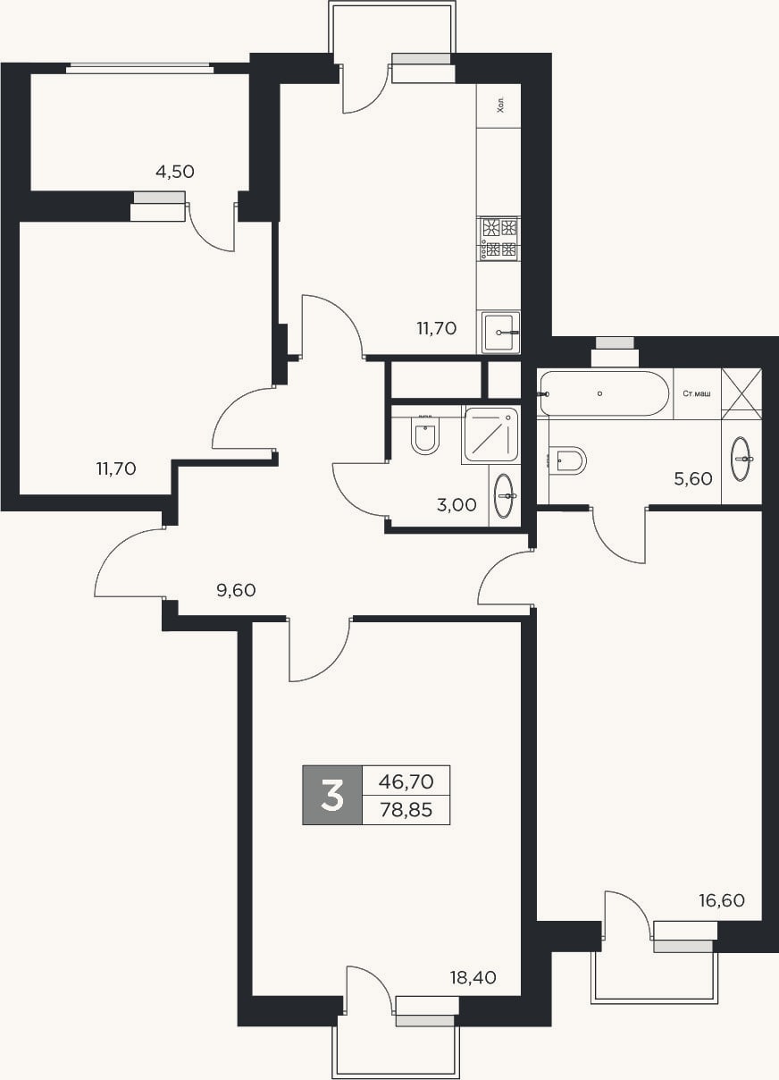Планировка: 3-к, 76,6 м²