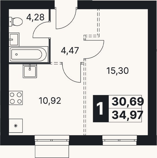 Планировка: 1-к, 35 м²