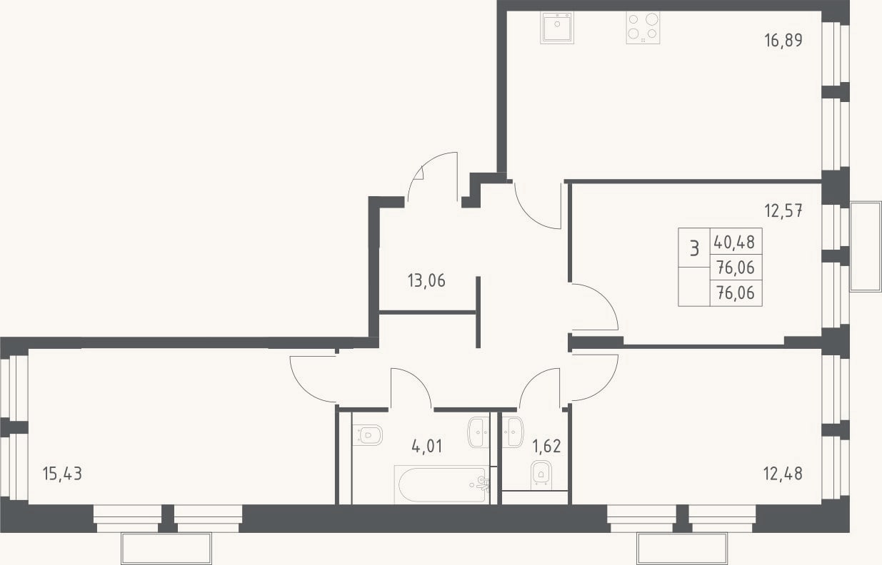 Планировка: 3-к, 76,1 м²