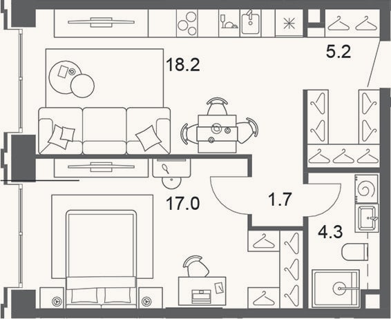 Планировка: 2-к, 46,4 м²