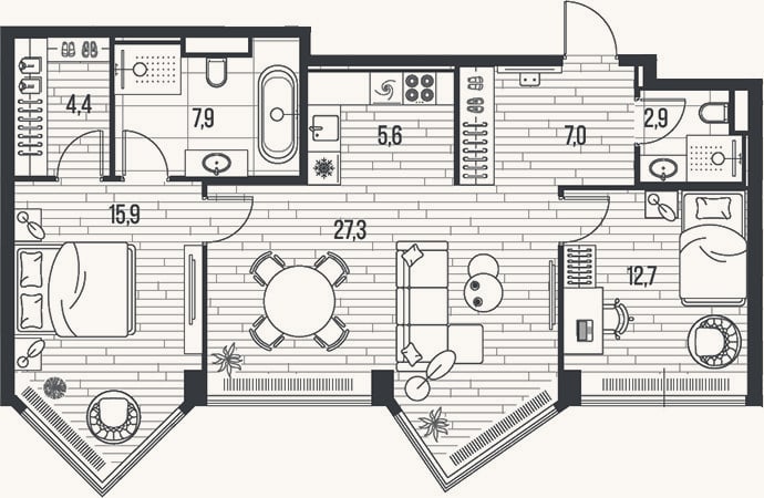 Планировка: 3-к, 83,7 м²