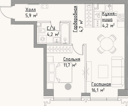 Планировка: 2-к, 46,8 м²