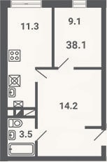 Планировка: 1-к, 38,1 м²