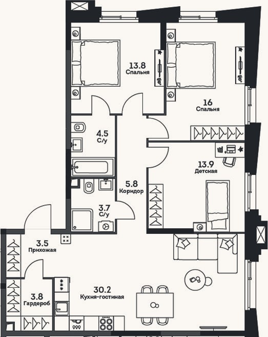 Планировка: 4+ к, 95,2 м²