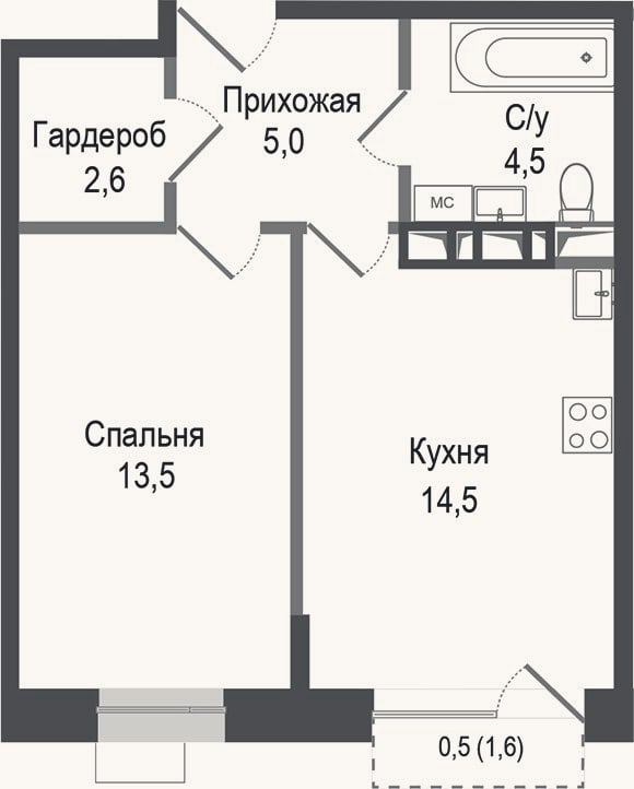 Планировка: 1-к, 40,1 м²
