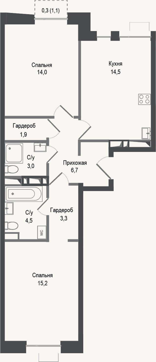 Планировка: 2-к, 63,1 м²