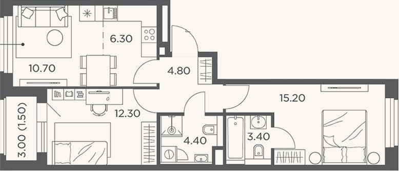 Планировка: 3-к, 57,1 м²