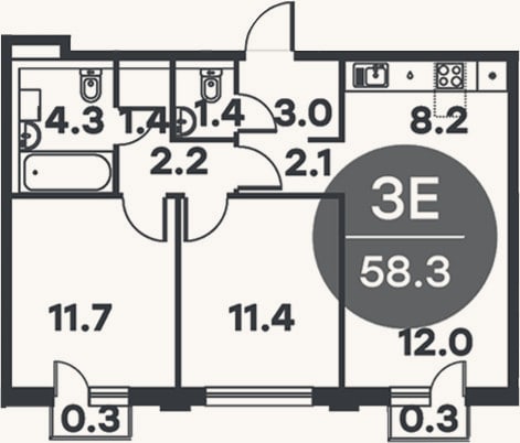 Планировка: 3-к, 57,7 м²
