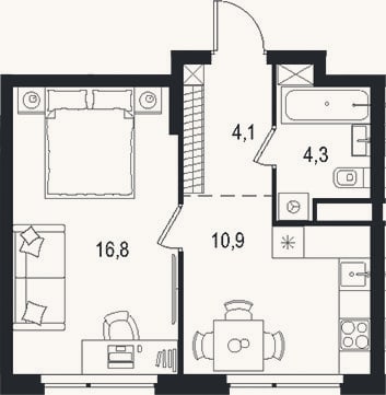 Планировка: 1-к, 36,1 м²