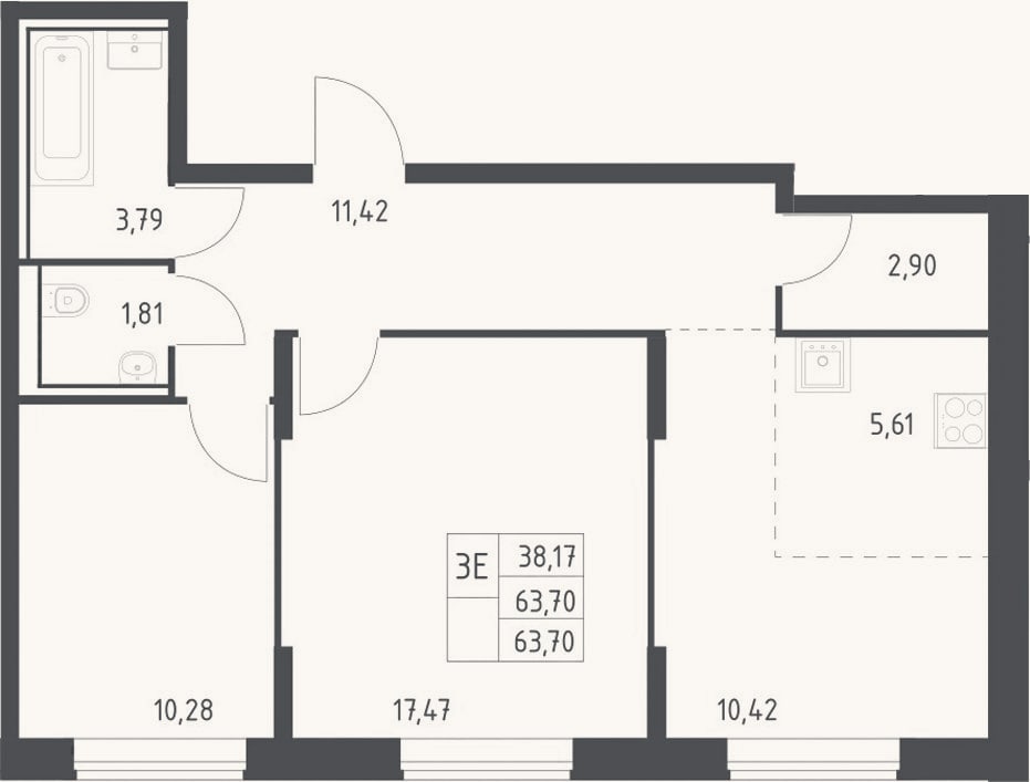 Планировка: 3-к, 63,7 м²