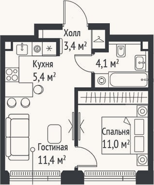 Планировка: 2-к, 35,3 м²