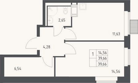 Планировка: 1-к, 39,7 м²