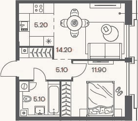 Планировка: 2-к, 41,5 м²