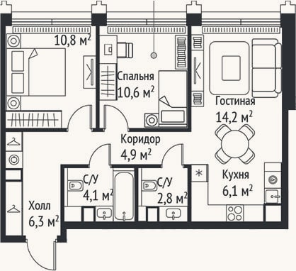 Планировка: 3-к, 59,8 м²