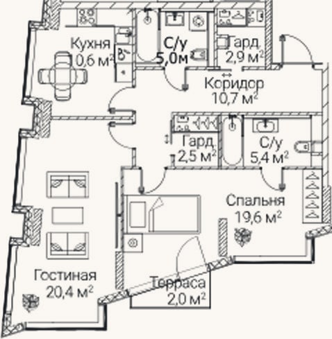 Планировка: 2-к, 75,7 м²