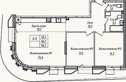 Планировка: 3-к, 80,2 м²