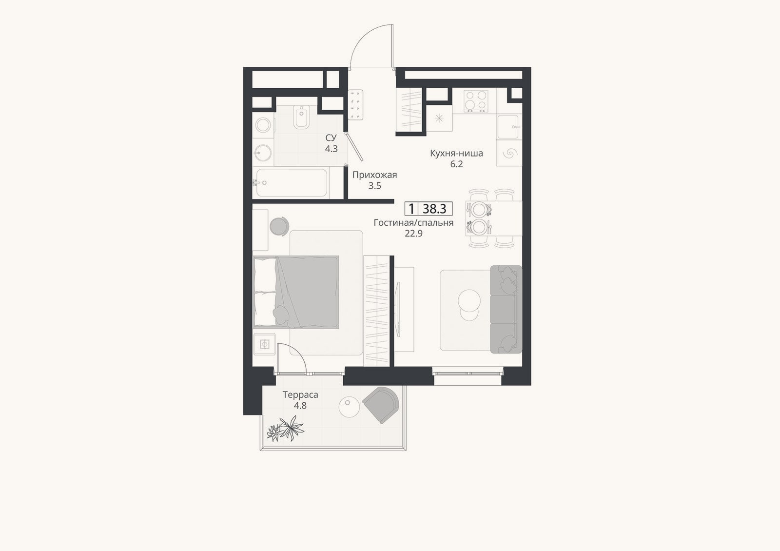 Планировка: Студия, 36,9 м²