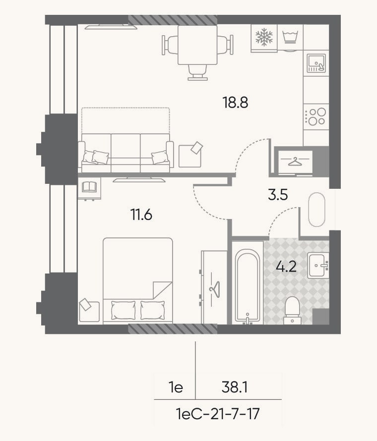 Планировка: 2-к, 38,1 м²