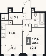 Планировка: 1-к, 35,2 м²