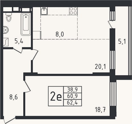 Планировка: 2-к, 60,6 м²