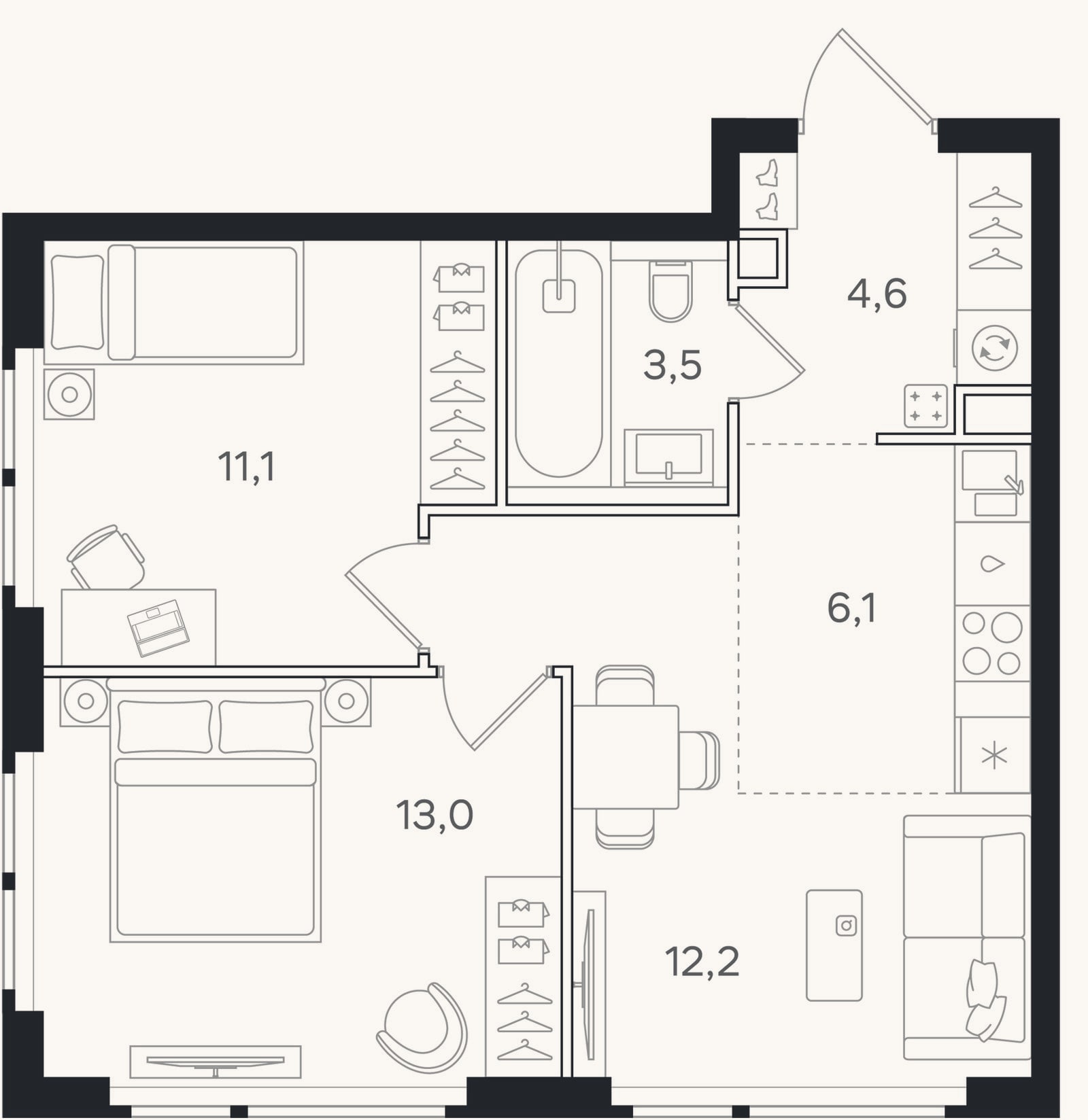 Планировка: 3-к, 50,5 м²