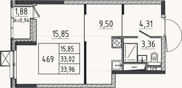 Планировка: Студия, 33 м²