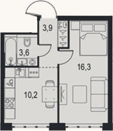 Планировка: 1-к, 34 м²