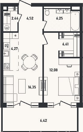 Планировка: 2-к, 52,3 м²