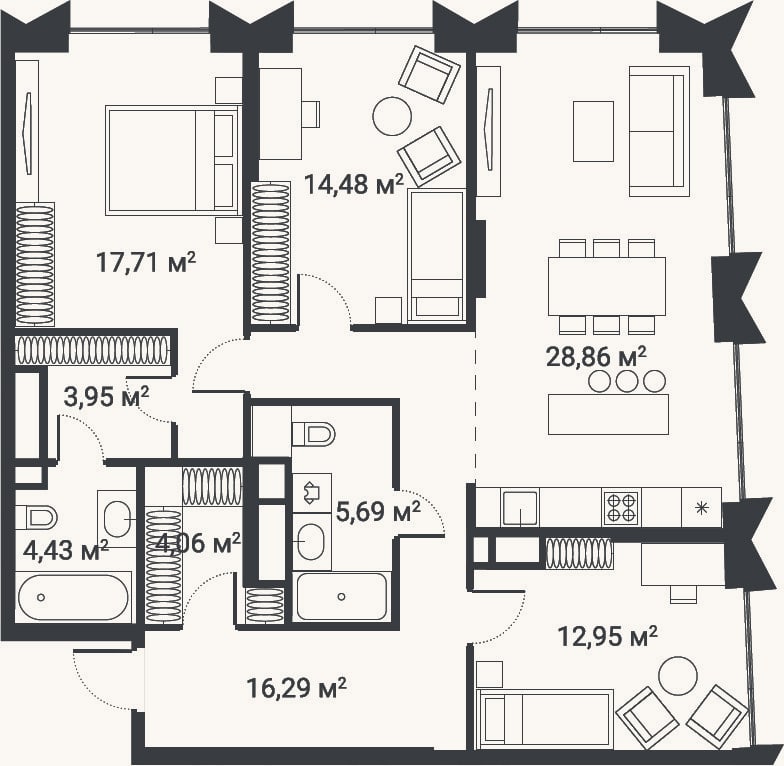 Планировка: 4+ к, 110,8 м²