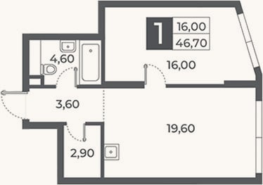 Планировка: 1-к, 46,7 м²