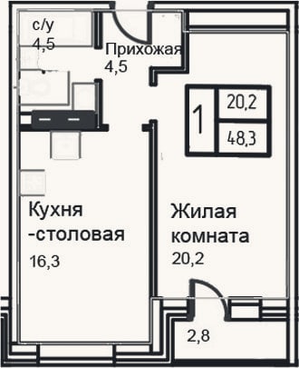 Планировка: 2-к, 45,5 м²