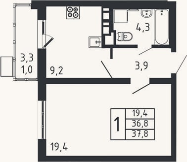 Планировка: 1-к, 36,8 м²