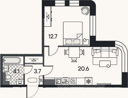 Планировка: 2-к, 41,1 м²