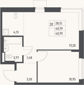 Планировка: 2-к, 40,8 м²