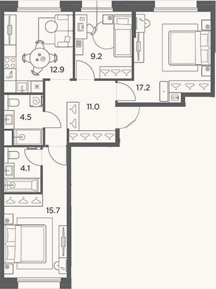 Планировка: 3-к, 74,6 м²