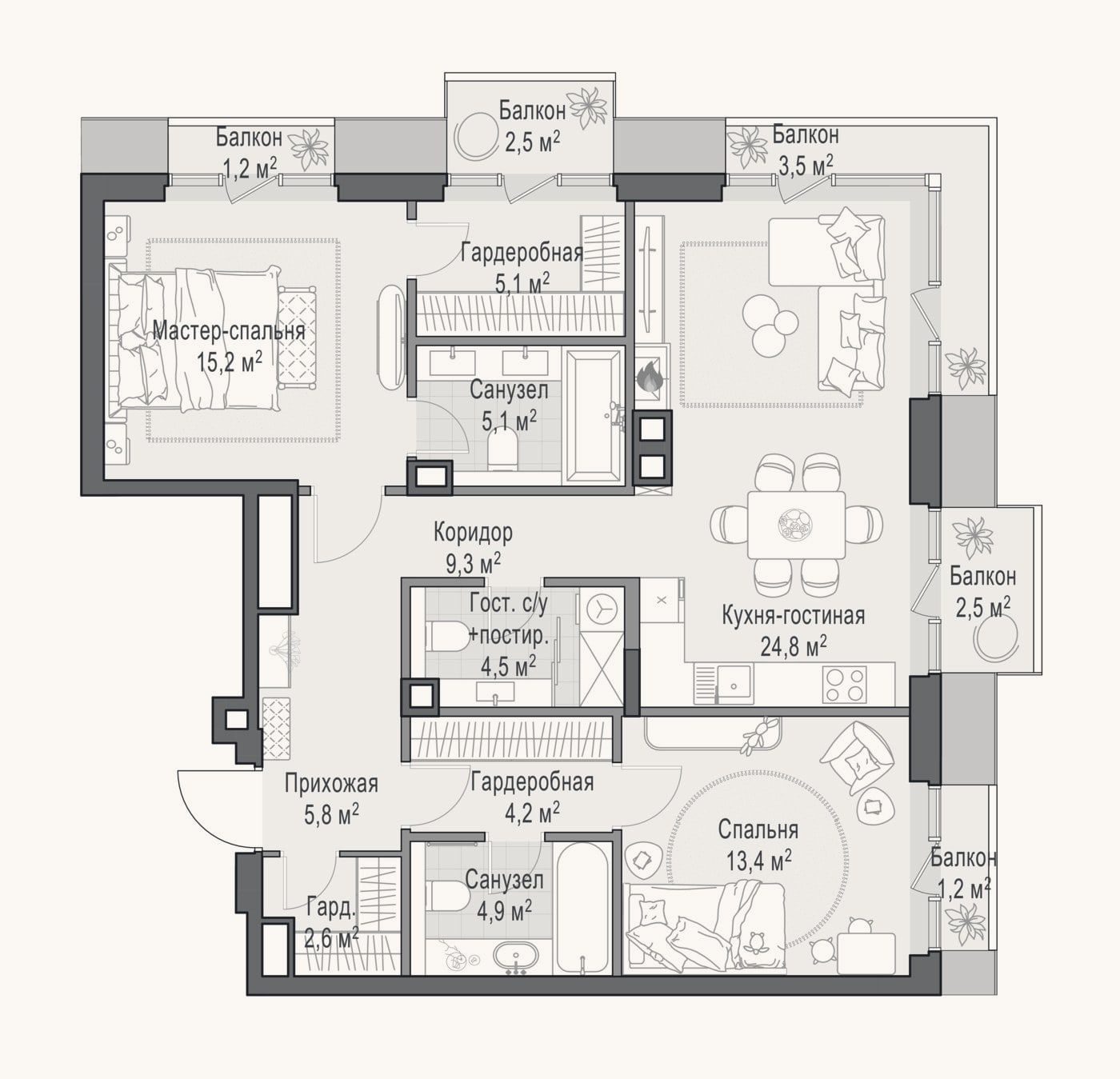 Планировка: 3-к, 91,5 м²